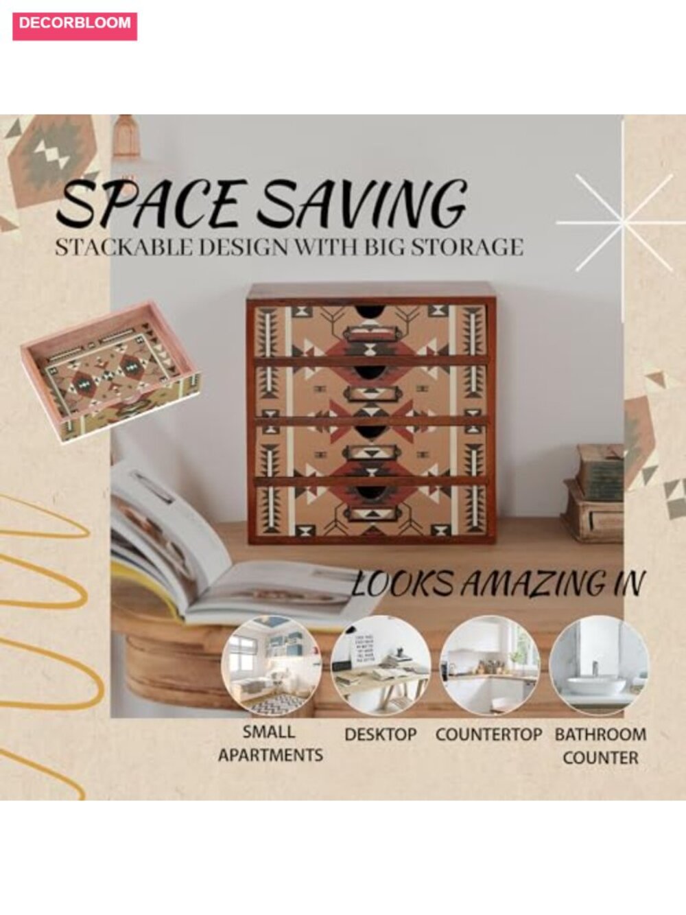 Boho Navajo Wooden Desk Organizer with Drawers – 4-Drawer Desktop Storage – - Picture 3 of 6